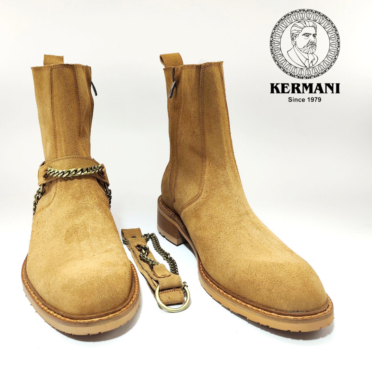 نیم بوت کلاسیک مردانه کرمانی مدل جیر طبیعی دستدوز کد 653 هارنس دار